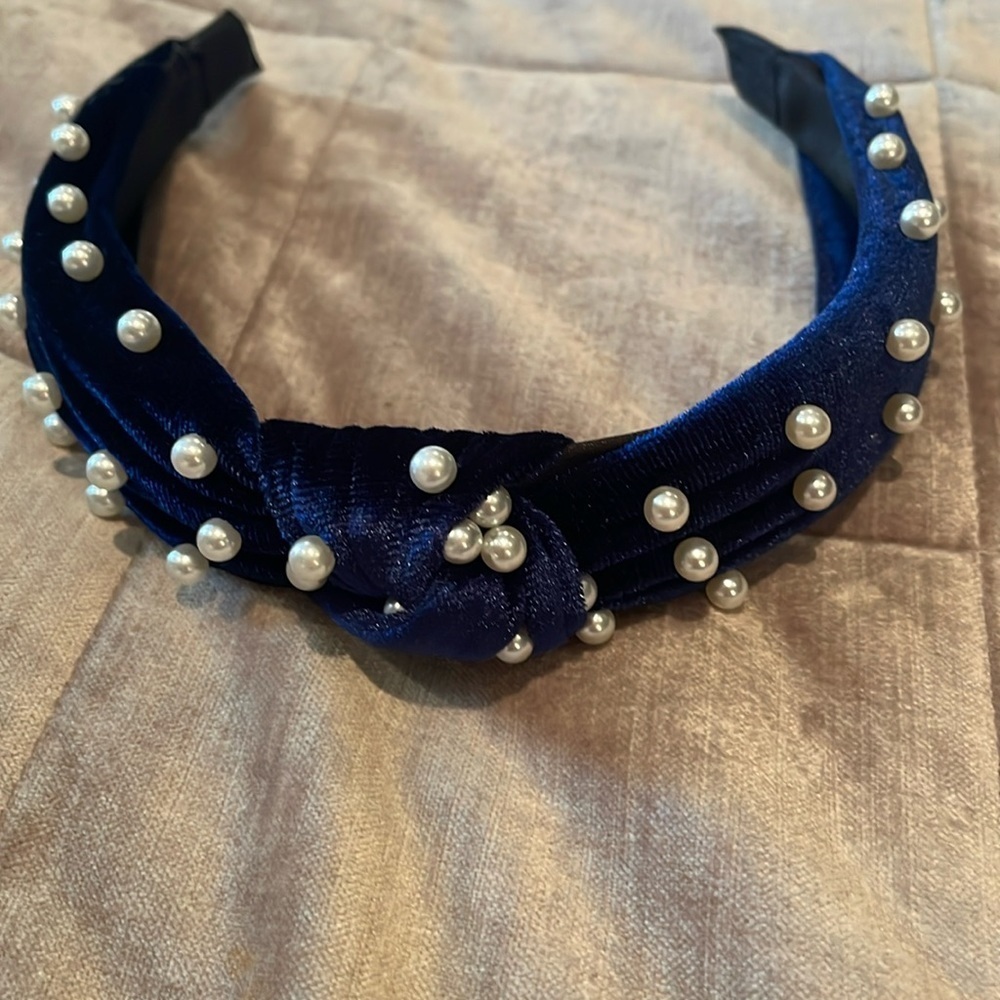 Navy Blue Fancy Velvet Pearl Headband NWOTS